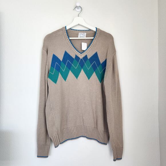 American Vintage Other - Vintage Christian Dior Brown Blue Argyle Knit Grandpa Sweater XL